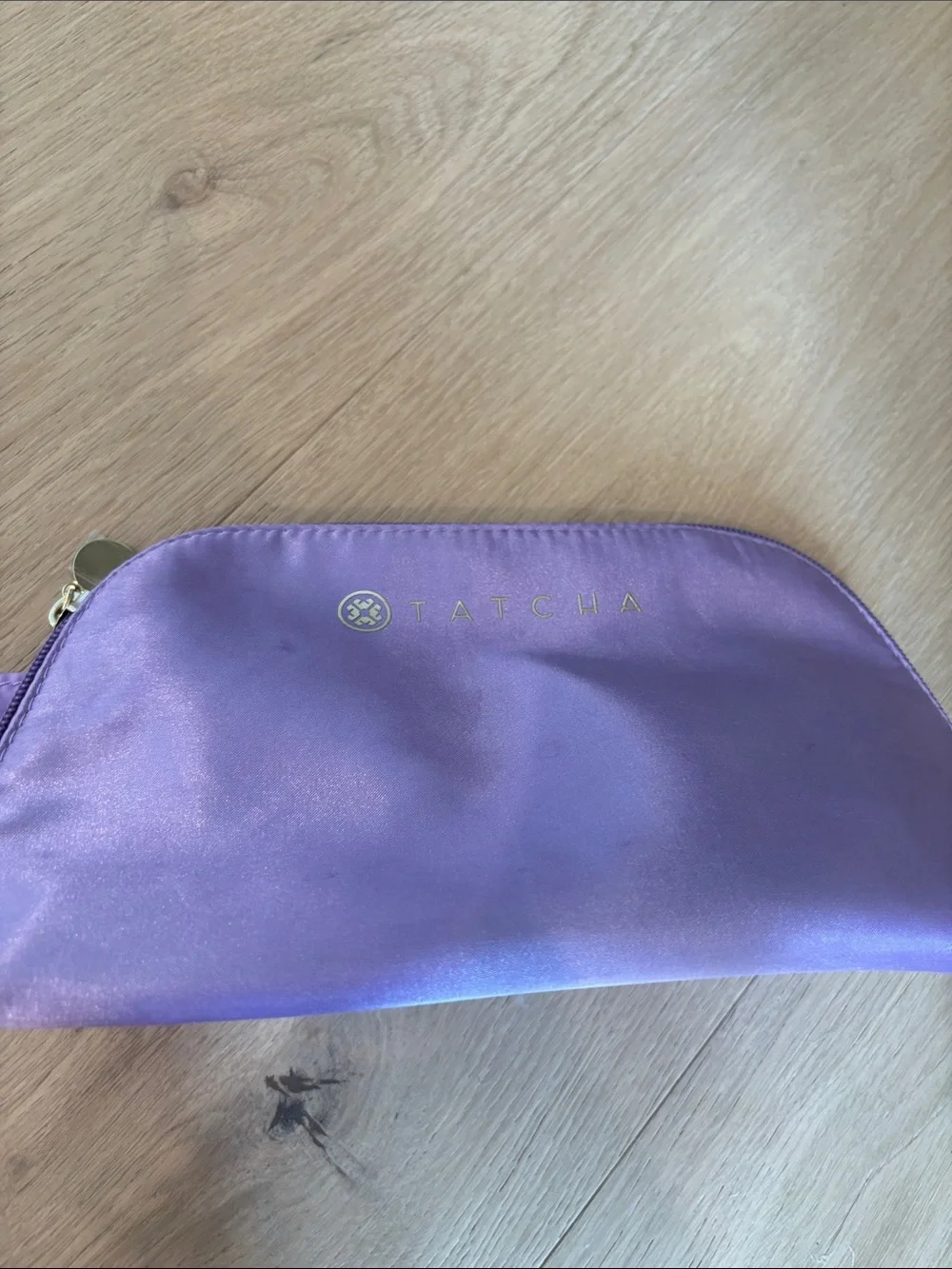 Tatcha Lavender Satin Cosmetic Case with Gold Logo